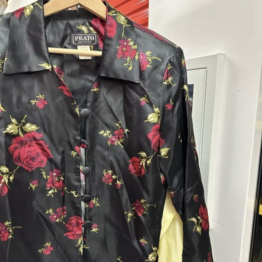 Vintage 1980s Prato Rose Printed Silky Satin Formal Suit Jacket Size 12